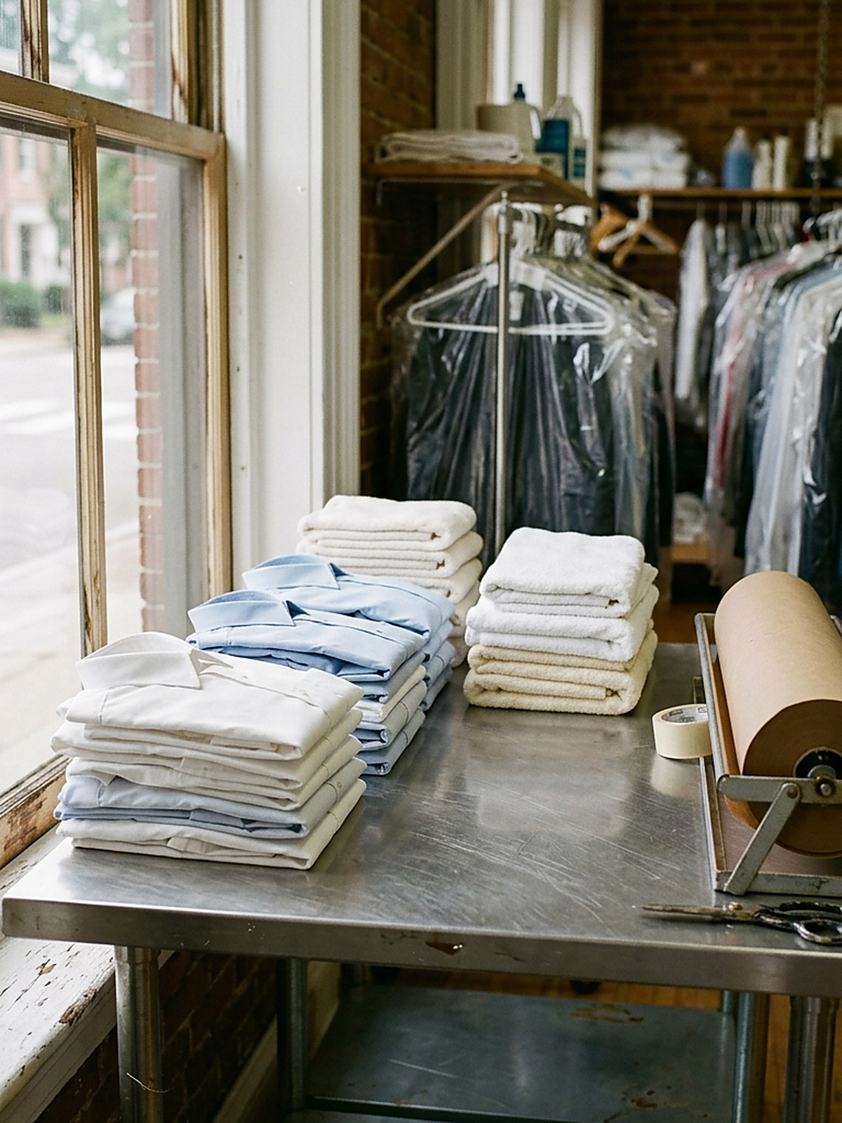 Illustrated — shirts and towels folded in stacks on the finishing table
